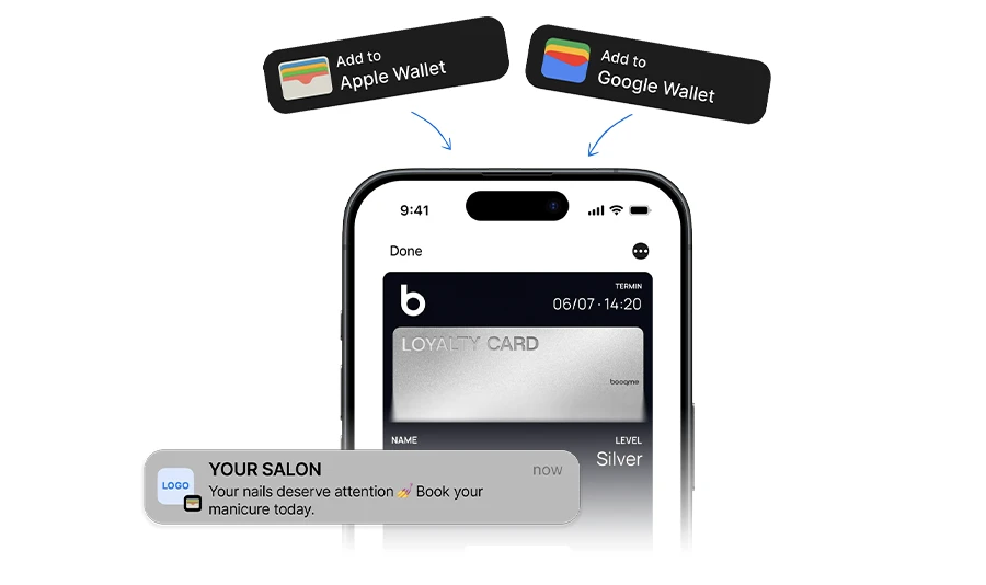 Digitálna vernostná karta uložená v Apple Wallet a Google Wallet s bodmi a informáciami o rezervácii.