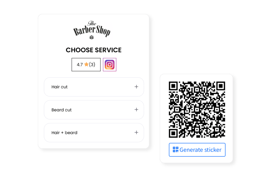 QR kód, ktorý odkazuje na rezervačný formulár. Rezervačný formulár obsahuje odkaz na Instagram a recenzie zákazníkov.